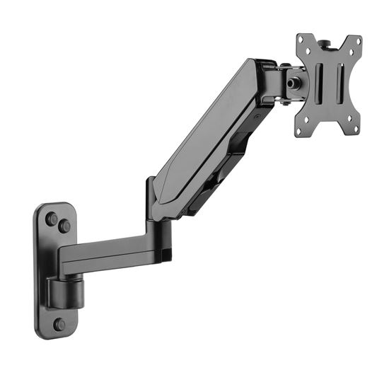 BRATECK 17'-32' Single Screen Wall  Mounted Gas Spring Monitor Arm. Max load: 9kgs. VESA 75x75 & 100x100. Extend, tilt and swivel. Detachable VESA Plate. Max Arm Extn - 422mm. Matte Black Color