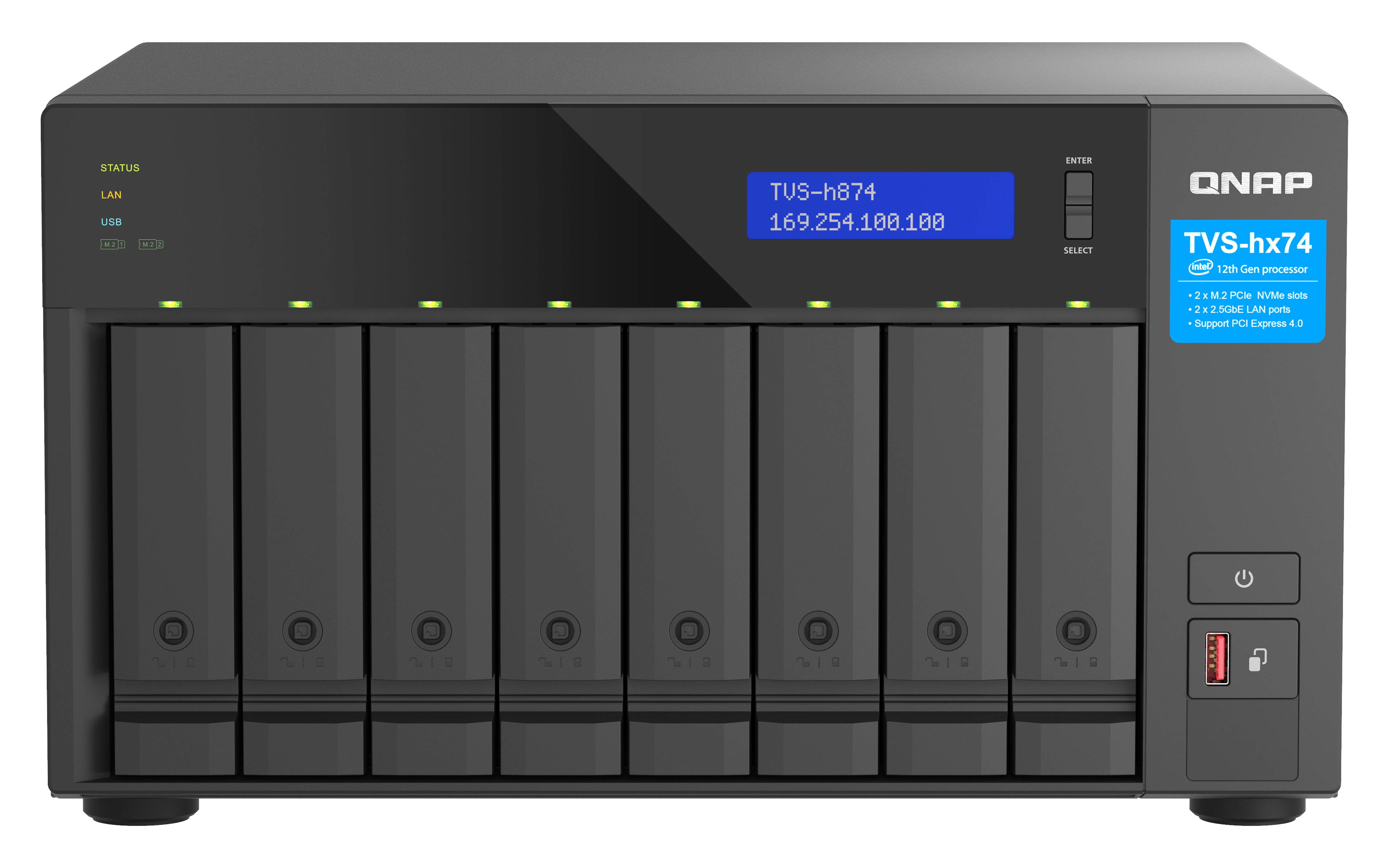 QNAP TVS-h874-i7-32G Business 8-Bay Desktop NAS Server Intel i7 12 Core / 20 Threads  32GB DDR4 (64GB Max) 2x M.2 2x 2.5 GbE 2x PCIe Expansion Slot 2x USB 1x Type-C 1x HDMI 3 Years Warranty Come with 8 Camera Licenses