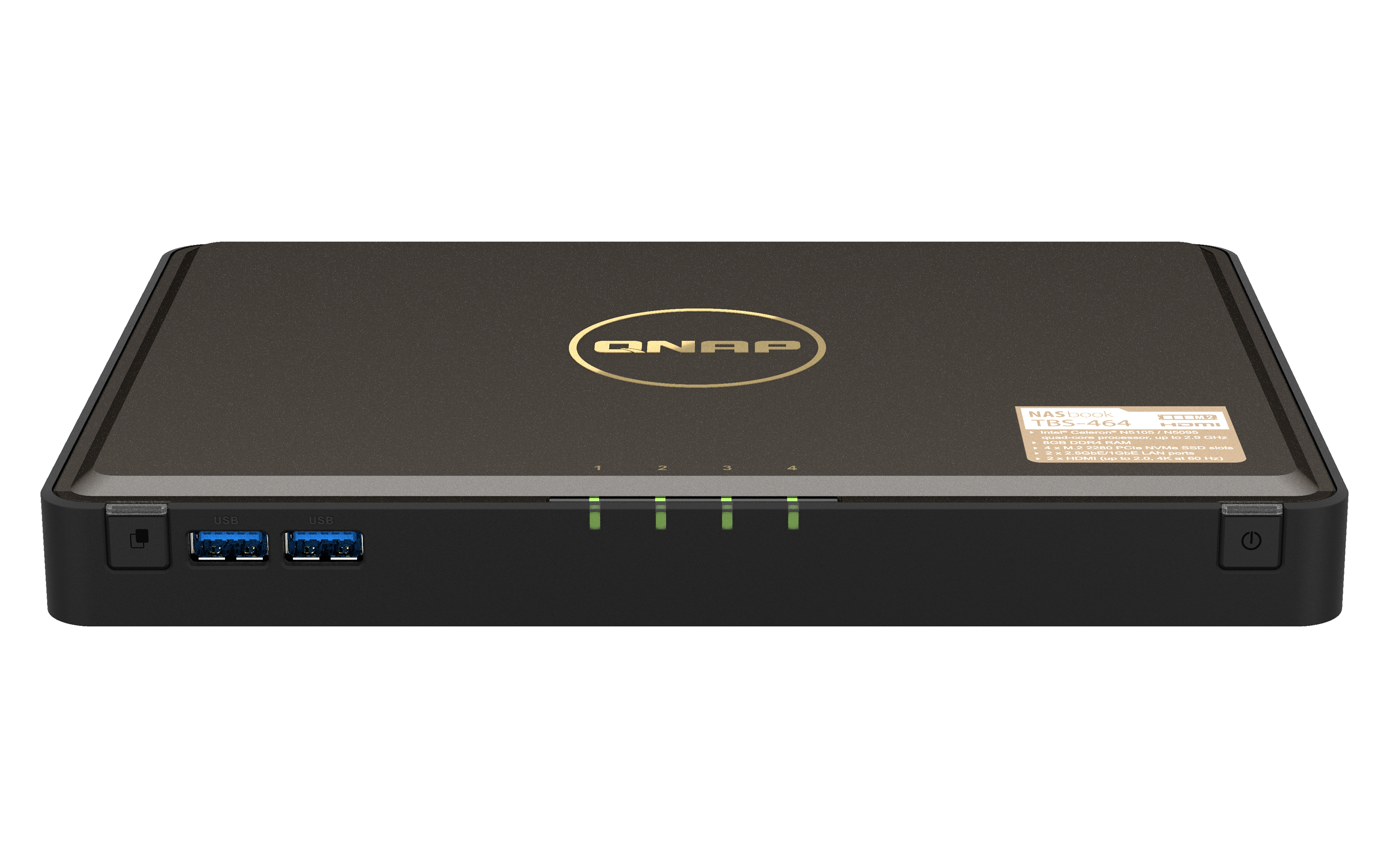 QNAP TBS-464-8G All-flash NAS Book 4-Bay NVME SSD Desktop NAS Server Intel Quad Core Quard Core Upto 2.9 GHz 8GB RAM 2x 2.5GbE LAN 5x USB 1x HDMI 2.0 4 x M.2 2280 PCIe Gen 3 2x HDMI 2 Years Warranty Come with 8 Camera License