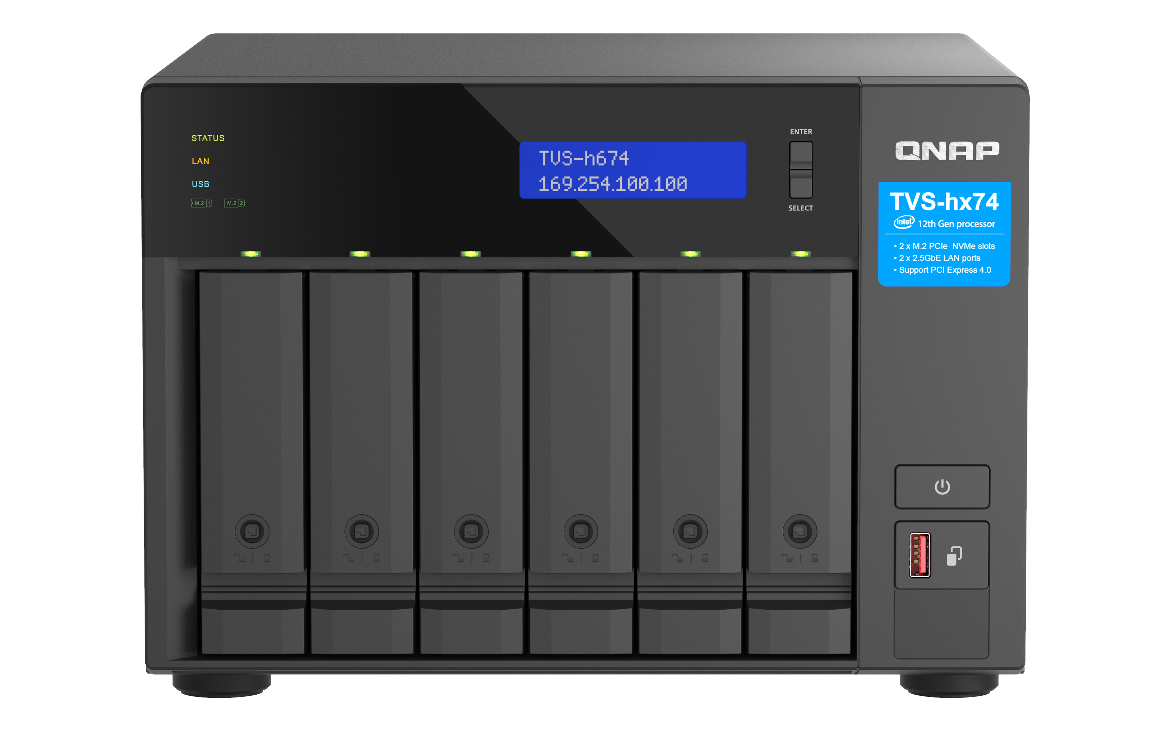 QNAP TVS-h674T-i5-32G Business Thunderbolt 6-Bay Desktop NAS Server Intel i5  6Core/12Thread Upto4.4 GHz 32GB DDR4 (64GB Max) 2x M.2 2x2.5 GbE2x Thunderbolt 4 1x PCIe 2x USB 1xType C 1x HDMI 3 Years Warranty Come with 8 Camera License