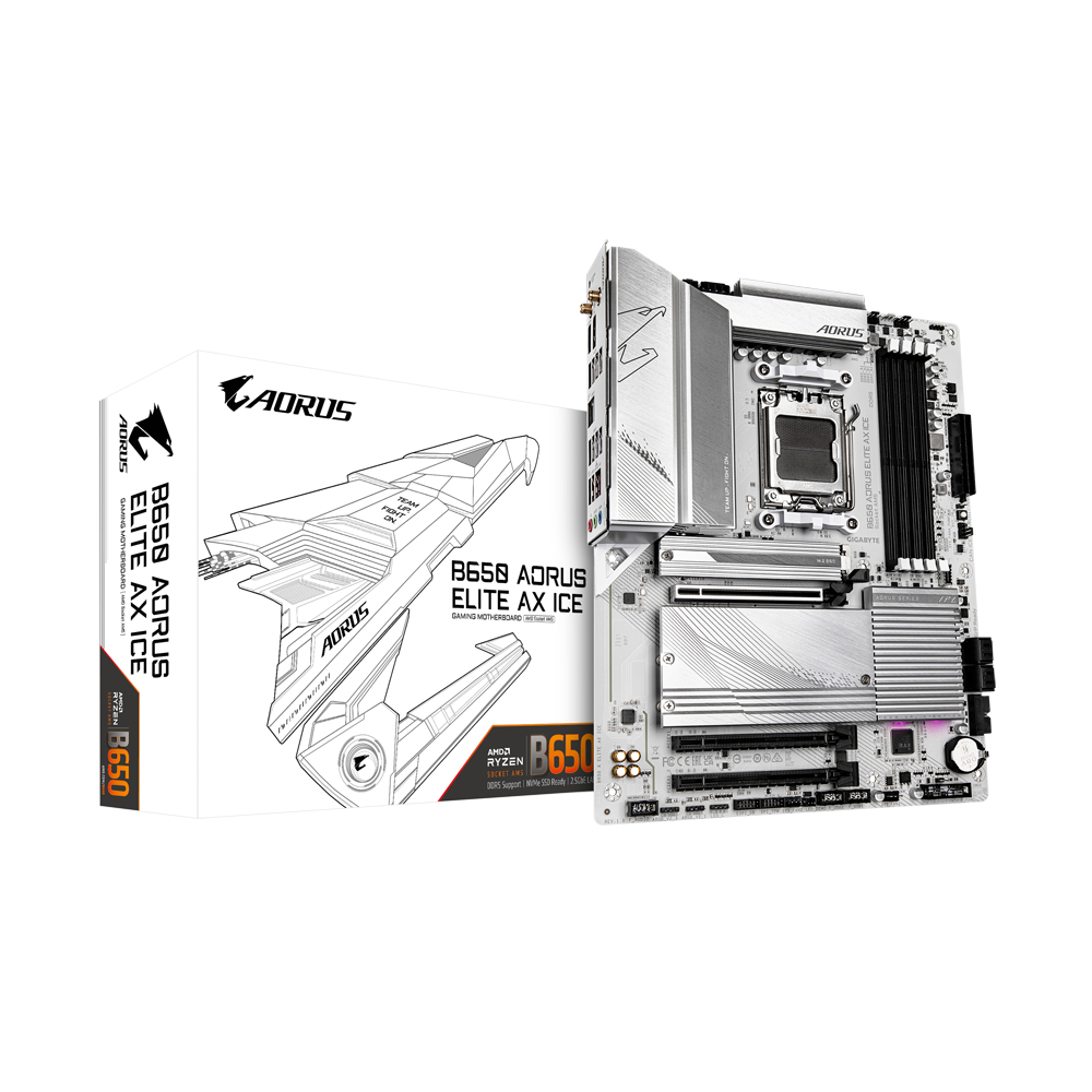 Gigabyte B650 AORUS ELITE AX ICE Gaming ATX Motherboard Ready For AMD Ryzen 7000/8000/9000 Series CPUs - AMD B650 Chipset - 3x M.2 - 1x Internal USB 3.2 Header - 2x Internal USB 2.0 Header - 1x Internal Type C Header - 1x 2.5 GbE - AX WiFi + BT