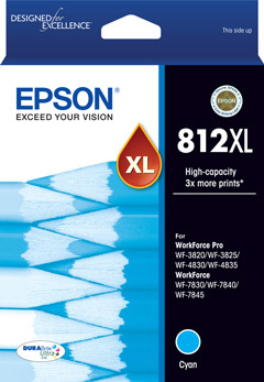 Epson DURABrite Ultra 812XL Ink Cartridge - Cyan High Yield (1100 Pages) for WorkForce WF-7840 WF-7845 WF-7830 WF-4830 WF-4835 WF-3820 WF-3825 Printer