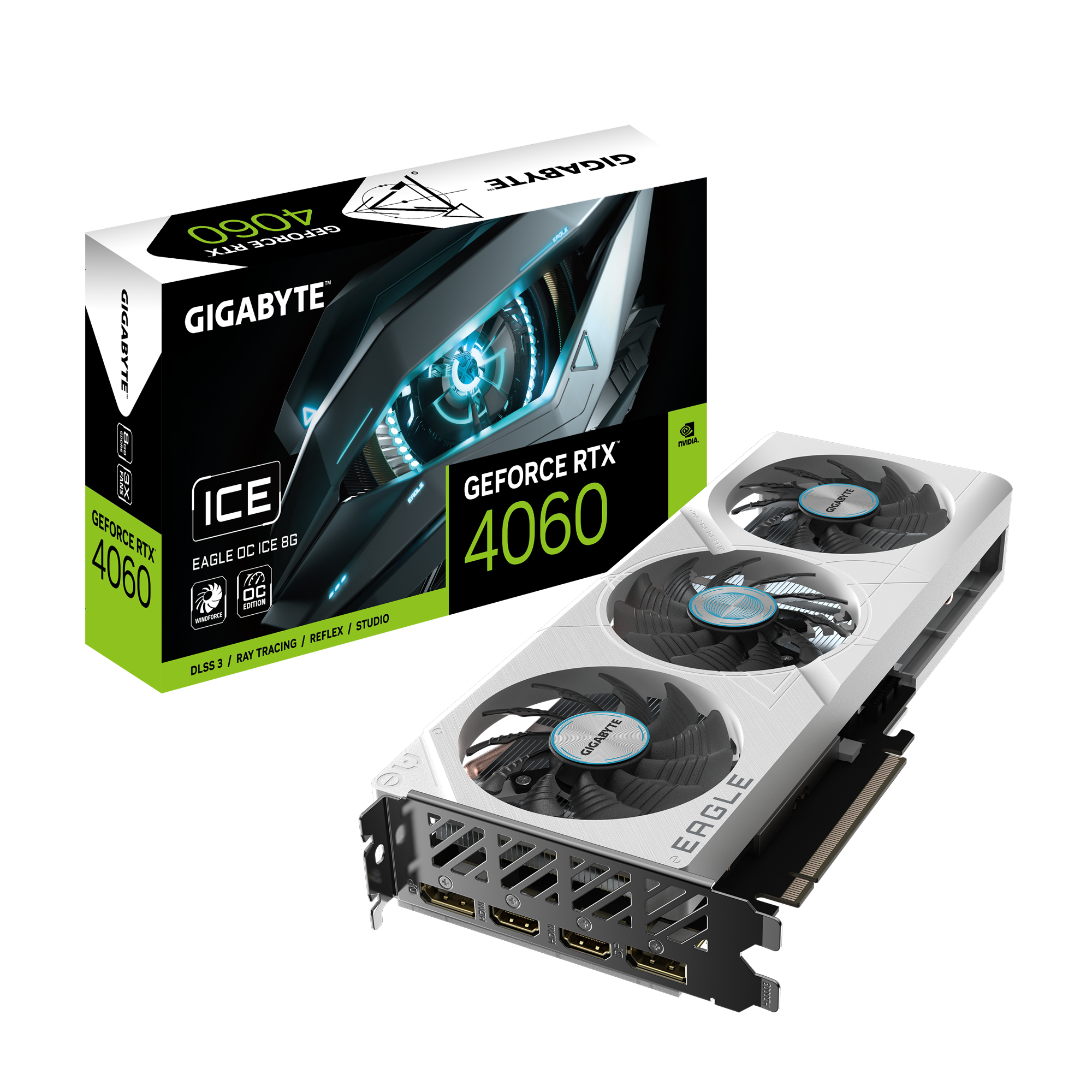Gigabyte NVIDIA GeForce RTX 4060 EAGLE ICE OC 8GB GDDR6 Graphics Card 2.2 Slot - 1x 8 Pin Power - Minimum 450W PSU
