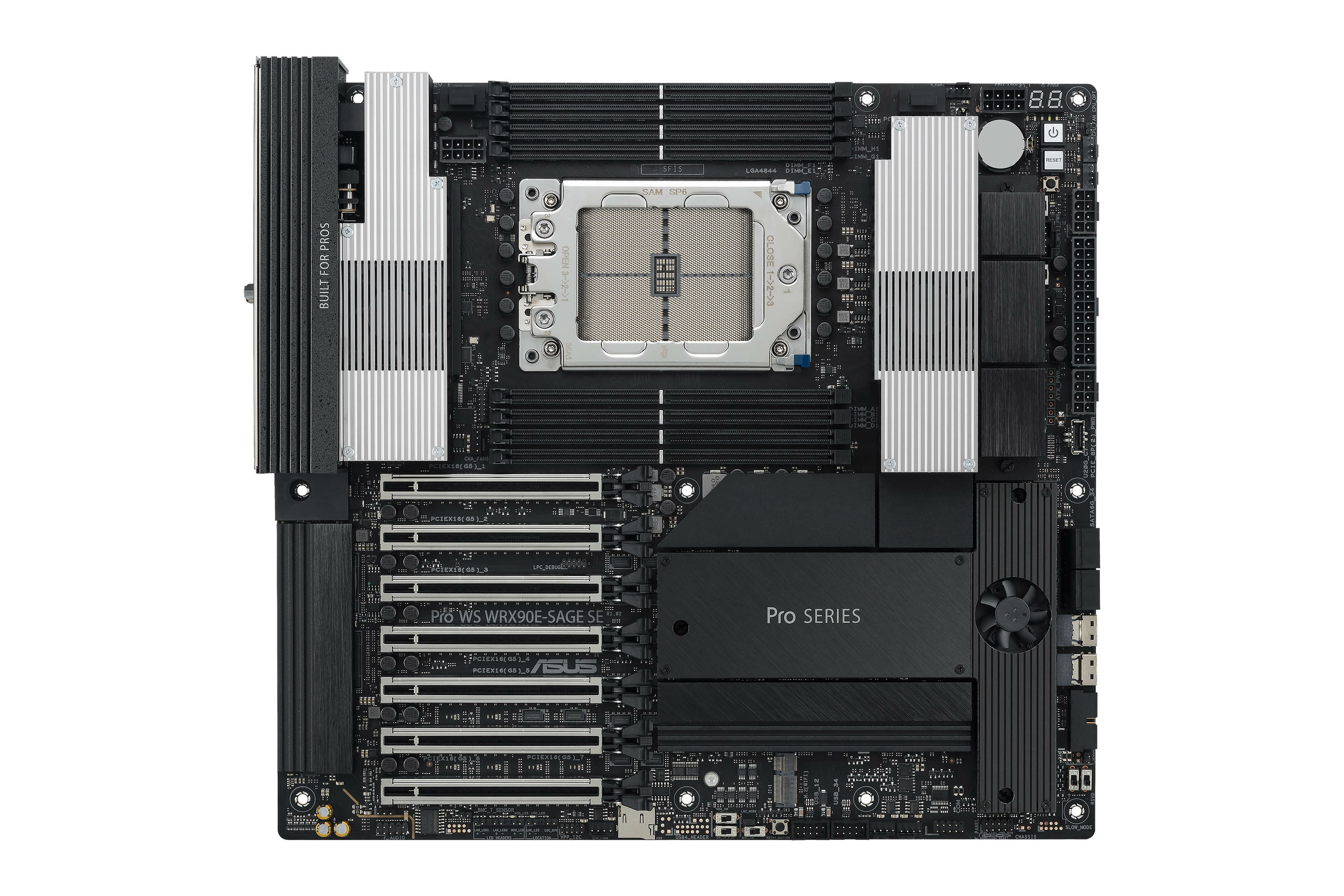 ASUS Pro WS WRX90E-SAGE SE EEB Form Factor For AMD Ryzen Threadripper Pro 7000 WX Series 7 PCIe 5.0 x16 slots multi-GPU support robust 32+3+3+3 power-stage design CPU and memory overclocking ready 4 PCIe 5.0 M.2 slots dual 10 Gb LAN