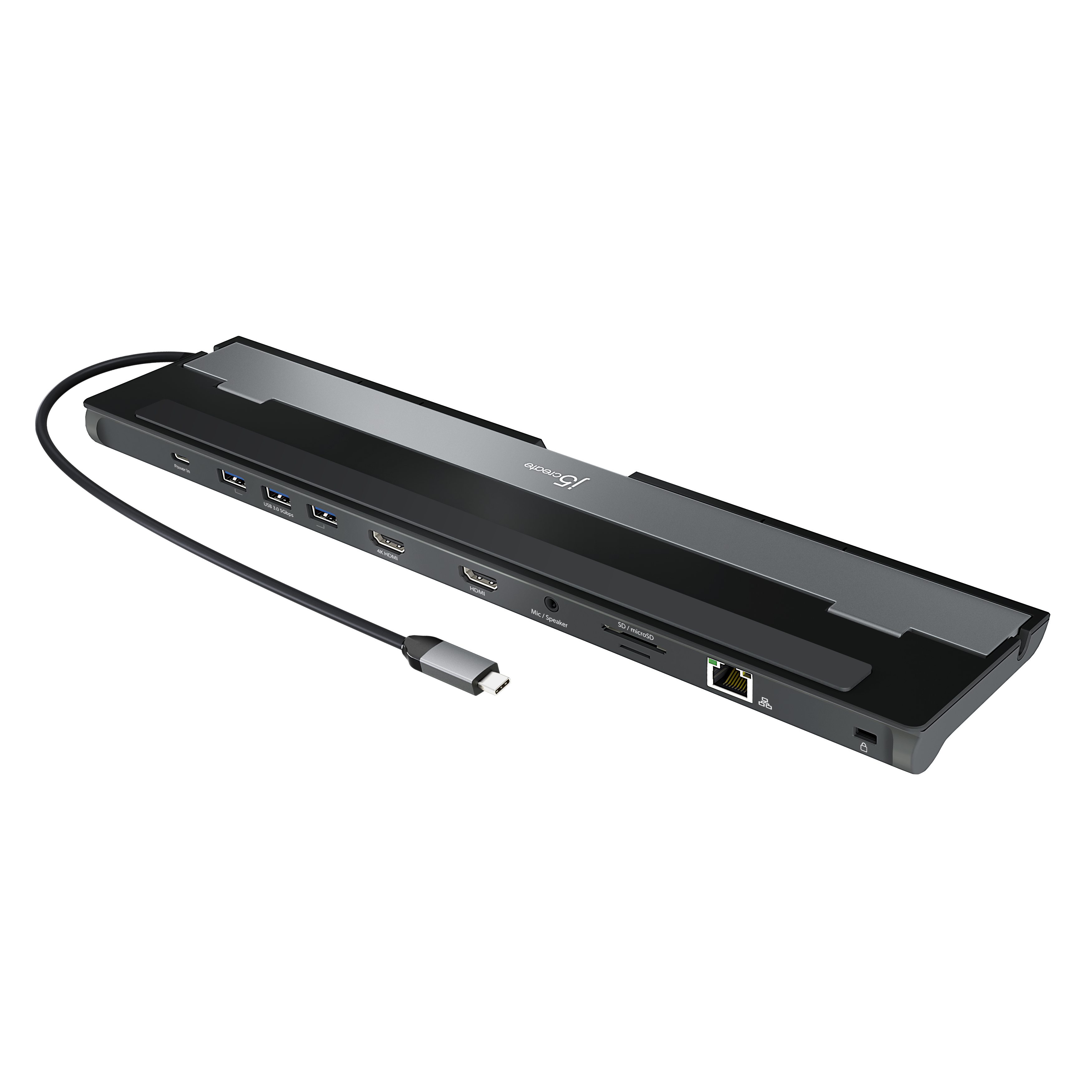 J5create USB-C 100W Power Delivery Dual HDMI Docking Station 1x 4K HDMI 1x 2K/1080P HDMI 3x USB3.0 1x SD/microSD Card Reader 1x Gigabit Ethernet 1x 3.5mm Audio Jack