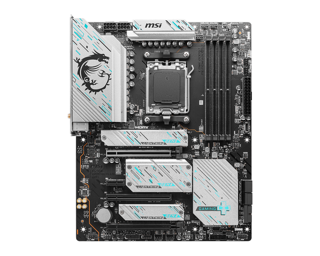 MSI X670E GAMING PLUS WIFI ATX Motherboard Ready For AMD Ryzen 7000/8000/9000 Series CPUs Socket AM5. X670 Chipset 4XDDR5 Dimm 4 XM.2 Back I/O: 8XUSB DP HDMI LAN WiFi AX+BT HD Audio Internal I/O: 2XUSB 2.0 2XUSB 3.2 1XType C