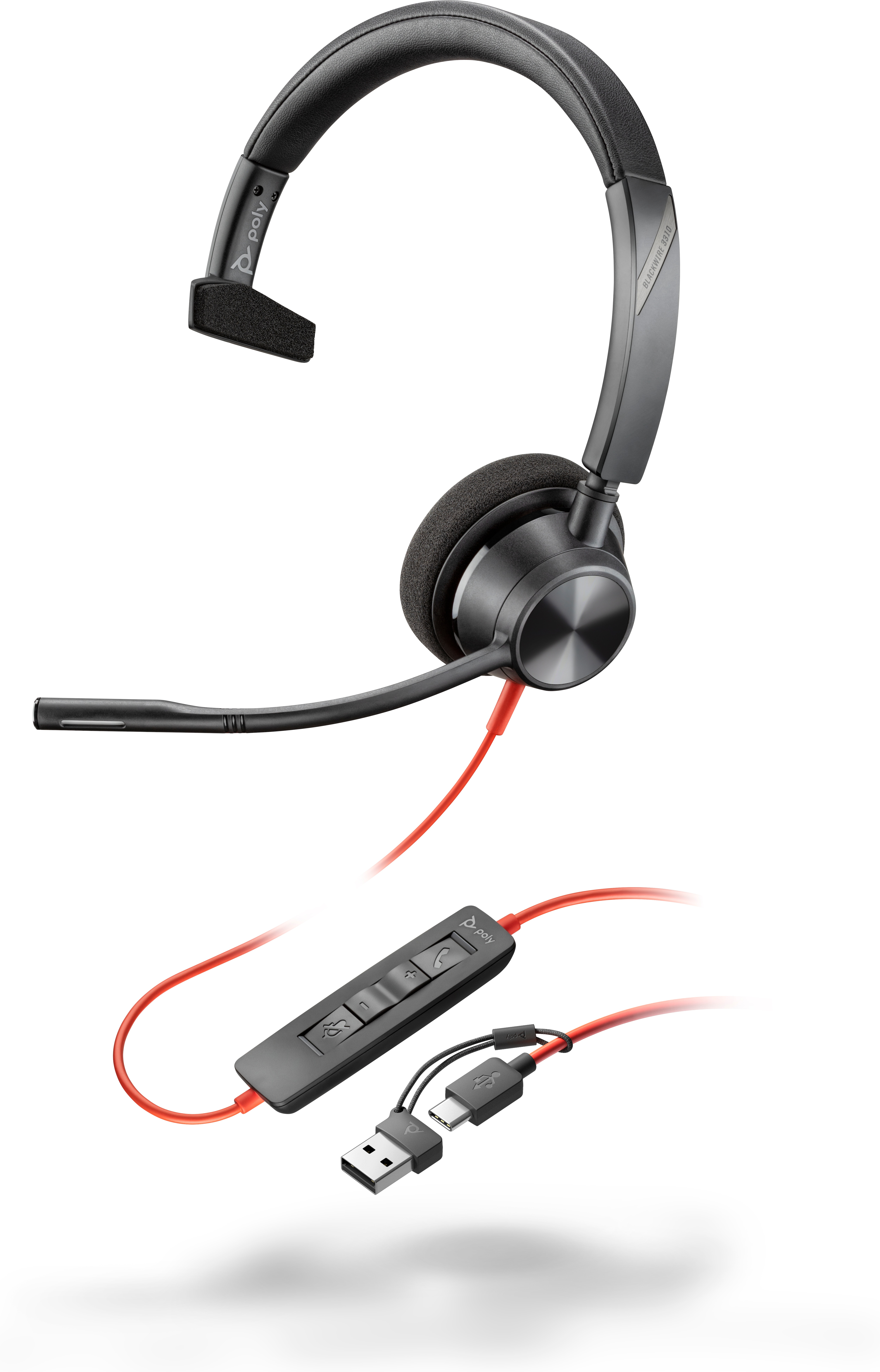 Poly Blackwire 3310 Monaural USB-C Headset +USB-C/A Adapter - While stocks last