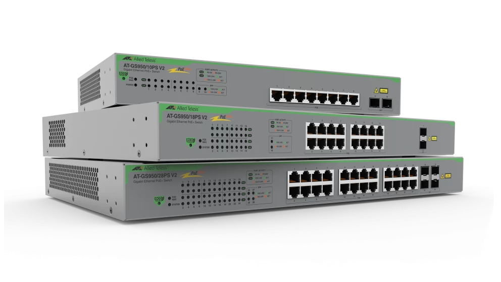 ALLIED TELESIS GS950/10PS V2-40 GIGABIT WEBSMART SWITCH, 8X 10/100/1000-T POE+, 2X SFP PORTS, 1 X FIXED PSU, AU POWER CODE