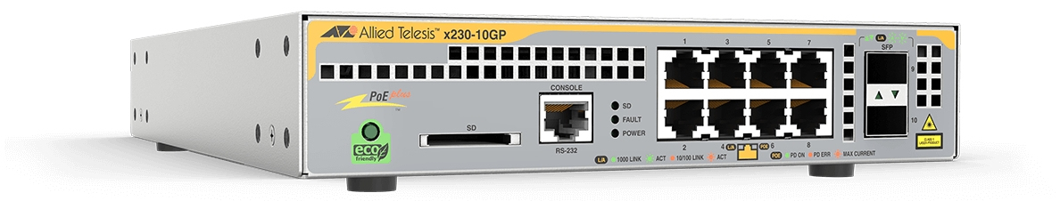 ALLIED TELESIS X230-10GP-40 L2+ GIGA SWITCH, 8X 10/100/1000-T POE+, 2X SFP PORTS, 1 X FIXED PSU, AU POWER CORD