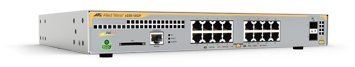 ALLIED TELESIS X230-18GP-40 L2+ GIGA SWITCH, 16X 10/100/1000-T POE+, 2X SFP PORTS, 1 X FIXED PSU, AU POWER CORD