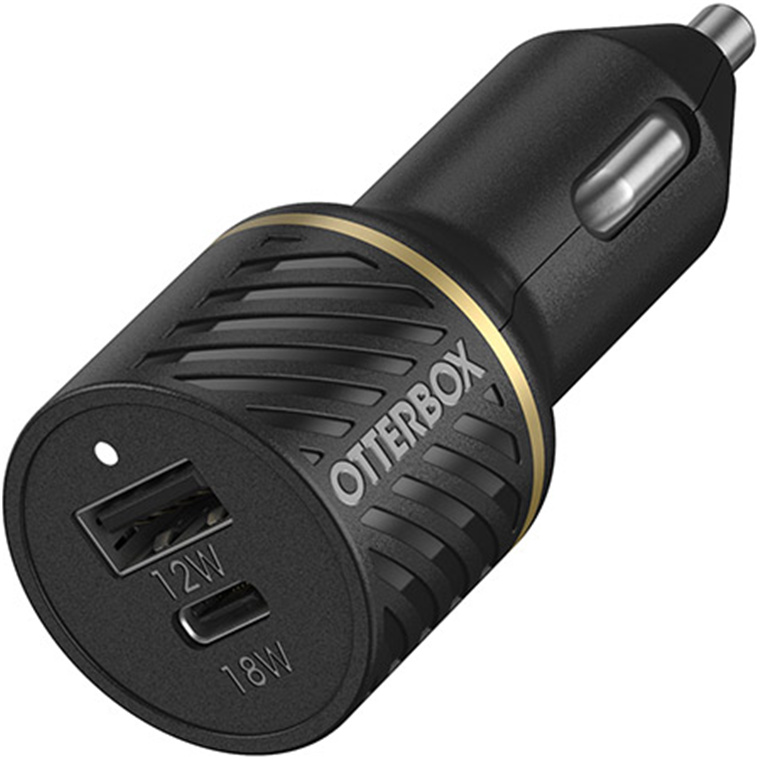 OtterBox Premium Dual Port Car Charger - 1x 12W USB-A - 1x 18W USB-C - Black                        