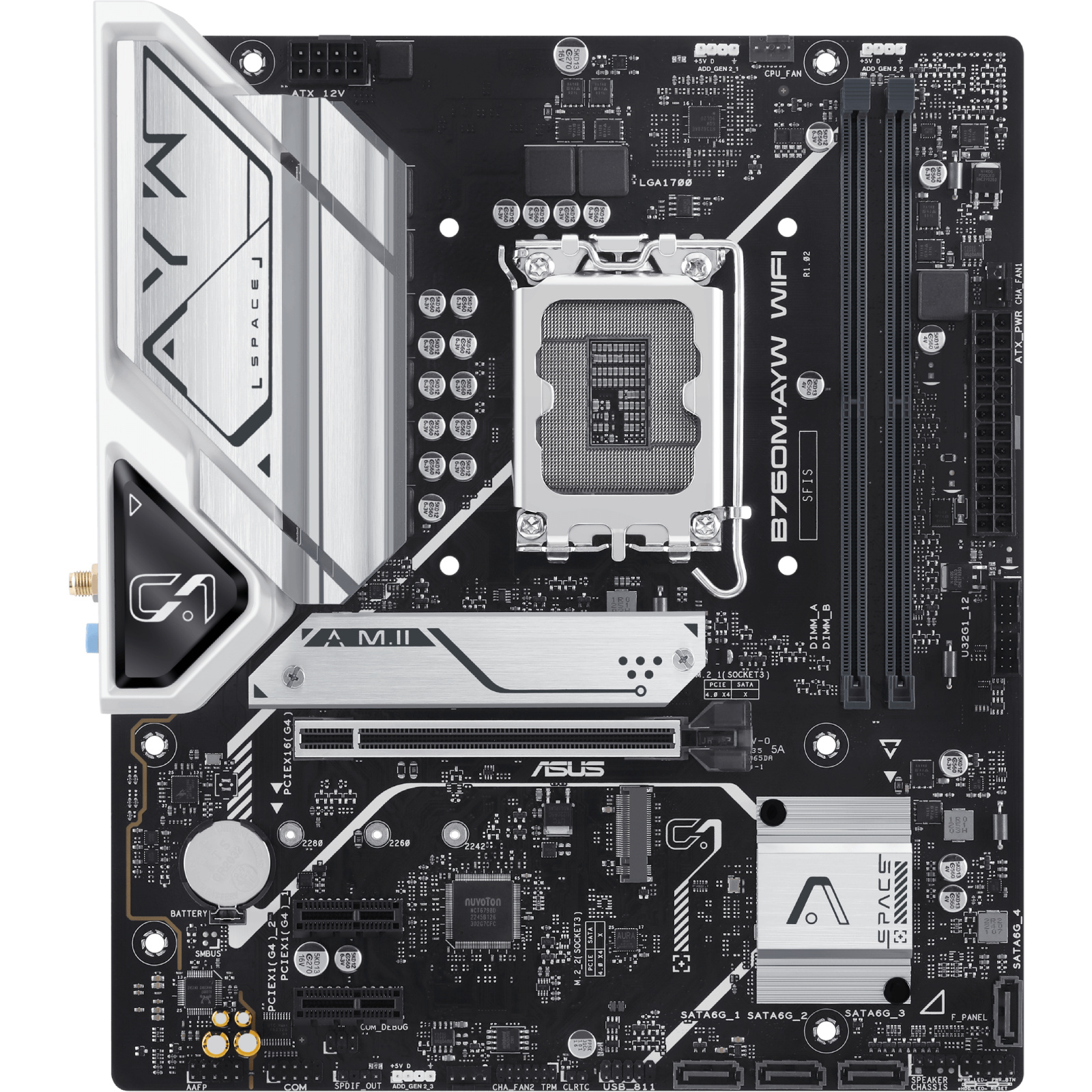 ASUS B760M-AYW WIFI mATX Motherboard Socket LGA1700 B760 Chipset 2x M.2 -DDR5 PCIe 4.0 1x Internal USB 2.0 Header 1x Internal USB 3.2 Header 1x 2.5 GbE WIFI 6 + Bluetooth