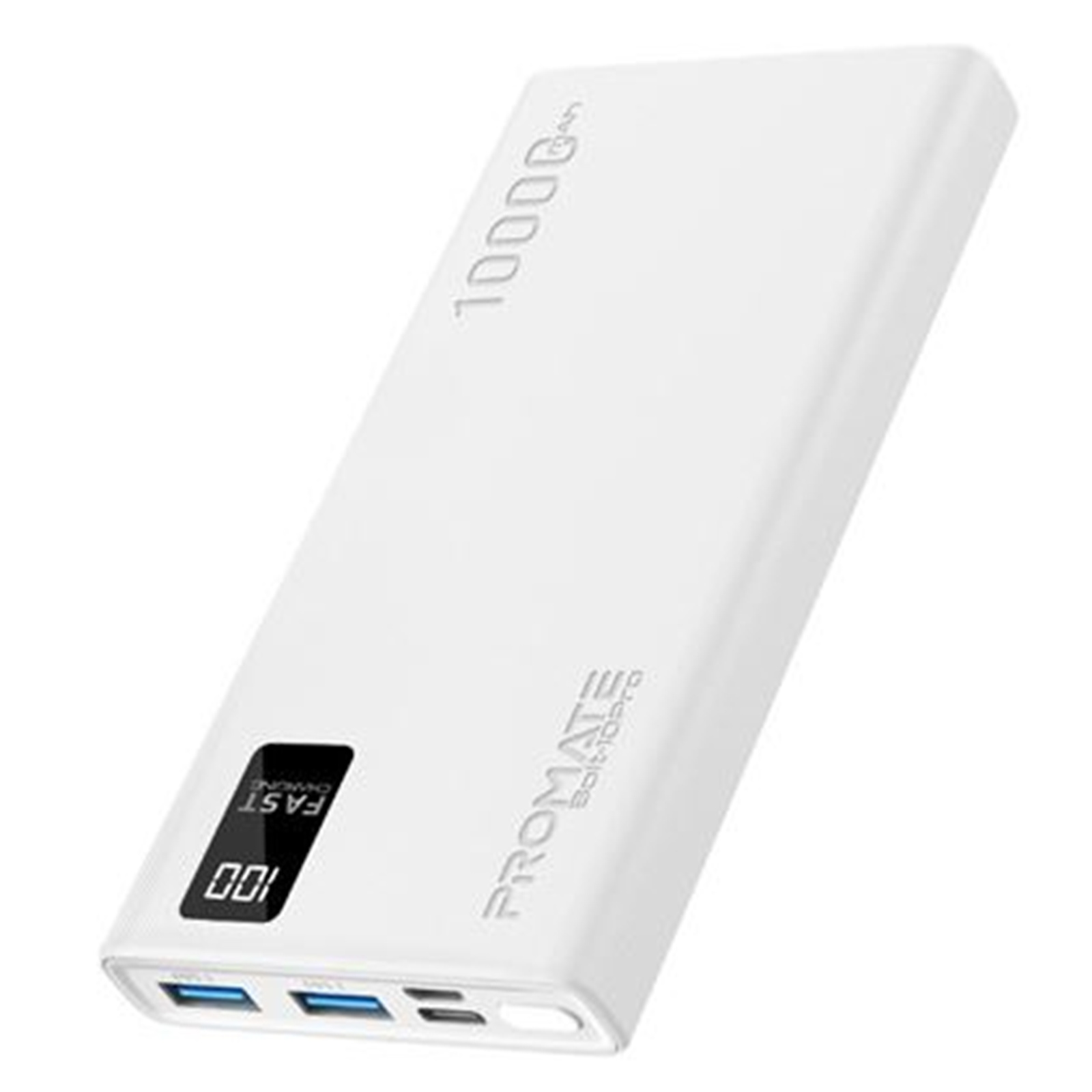 Promate BOLT-10PRO 10000mAh Power Bank - White Smart LED Display & Super Slim Design - Includes 2x USB-A & 1xUSB-C Ports - 2A (Shared) Charging - Auto Voltage Regulation - Charge 3x Devices