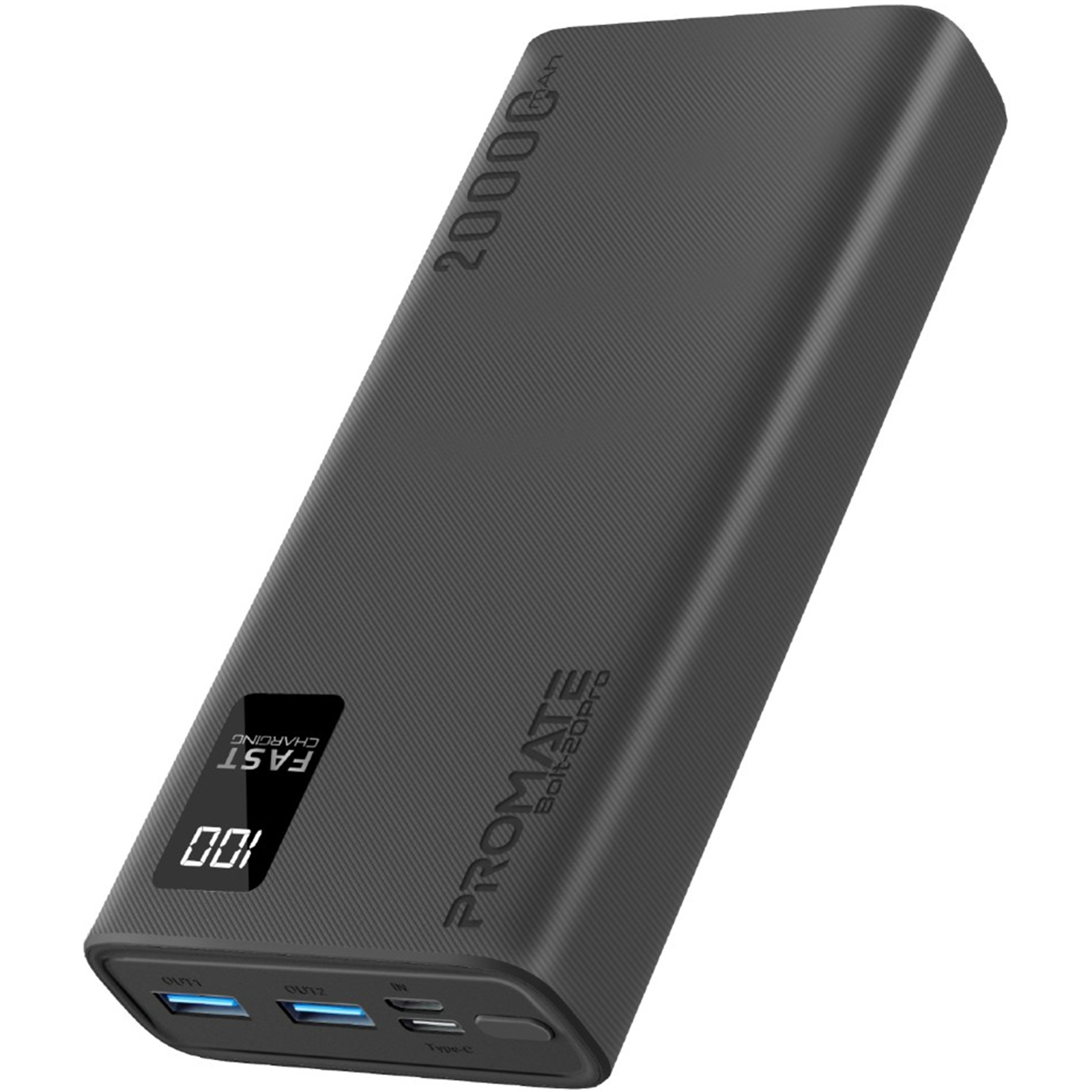 Promate BOLT-20PROBK 20000mAh Power Bank - Black Smart LED Display & Super Slim Design - Includes 2x USB-A & 1x USB-C Ports - 2A (Shared) Charging - Auto Voltage Regulation - Charge 3x Devices