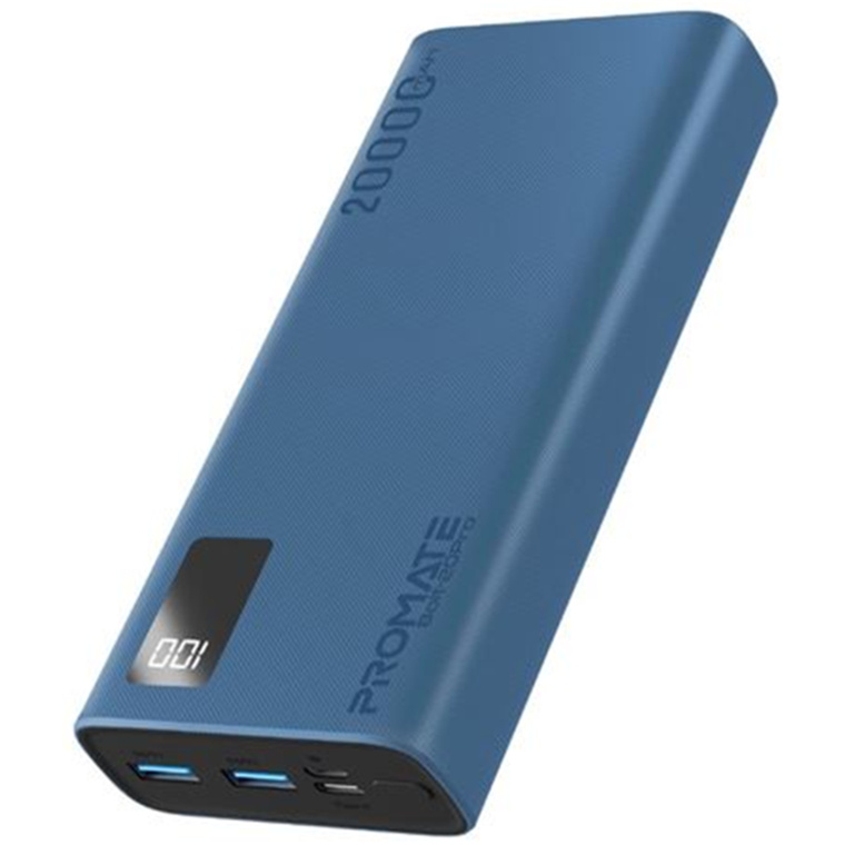 Promate BOLT-20PROBL 20000mAh Power Bank - Blue Smart LED Display & Super Slim Design - Includes 2x USB-A & 1x USB-C Ports - 2A (Shared) Charging - Auto Voltage Regulation - Charge 3x Devices