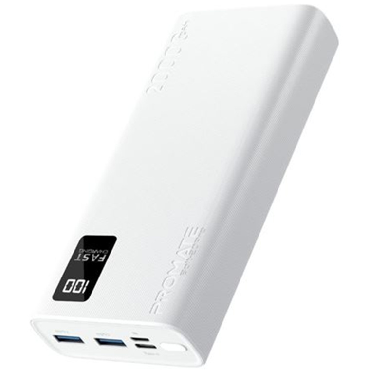 Promate BOLT-20PROWH 20000mAh Power Bank - White Smart LED Display & Super Slim Design - Includes 2x USB-A & 1x USB-C Ports - 2A (Shared) Charging - Auto Voltage Regulation - Charge 3x Devices