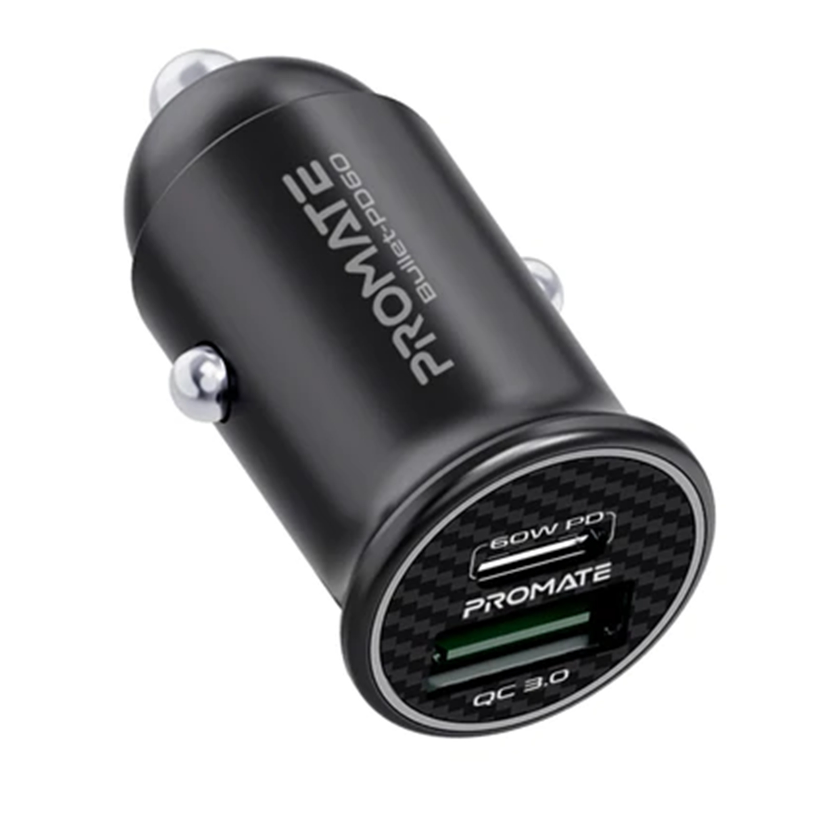 PROMATE 60W Mini Car Charger,       Dual Port Charging, 1 x USB-C, 1 x USB-A, Protection Against Over Charging. Black  