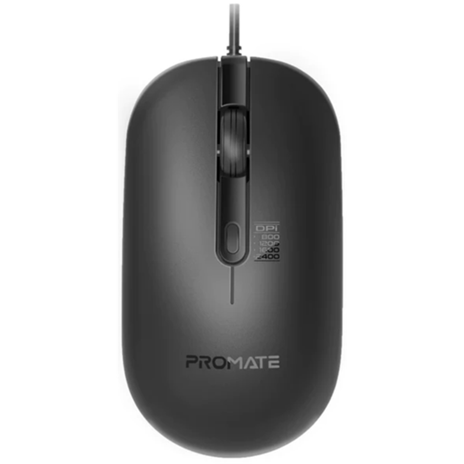 Promate MaxComfort CM-2400 4-Button Wired Optical Mouse with 2400dpi. MaxComfort Adjustable DPI with up to 6 MillionKeystrokes. Anti-Slip Silicone Grip. 1.5m Cable. Plug & Play. Ambidextrous Design. Black