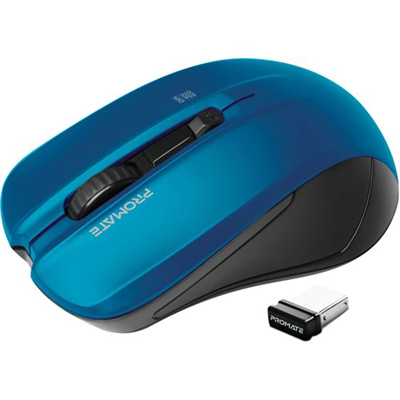 PROMATE Ergonomic Wireless Mouse    with Ambidextrous Design. 800/1200/1600Dpi, 10m Working Range, Incudes Nano Reciever, Easy Plug & Play, Compatible with Win & Mac. Blue Colour.