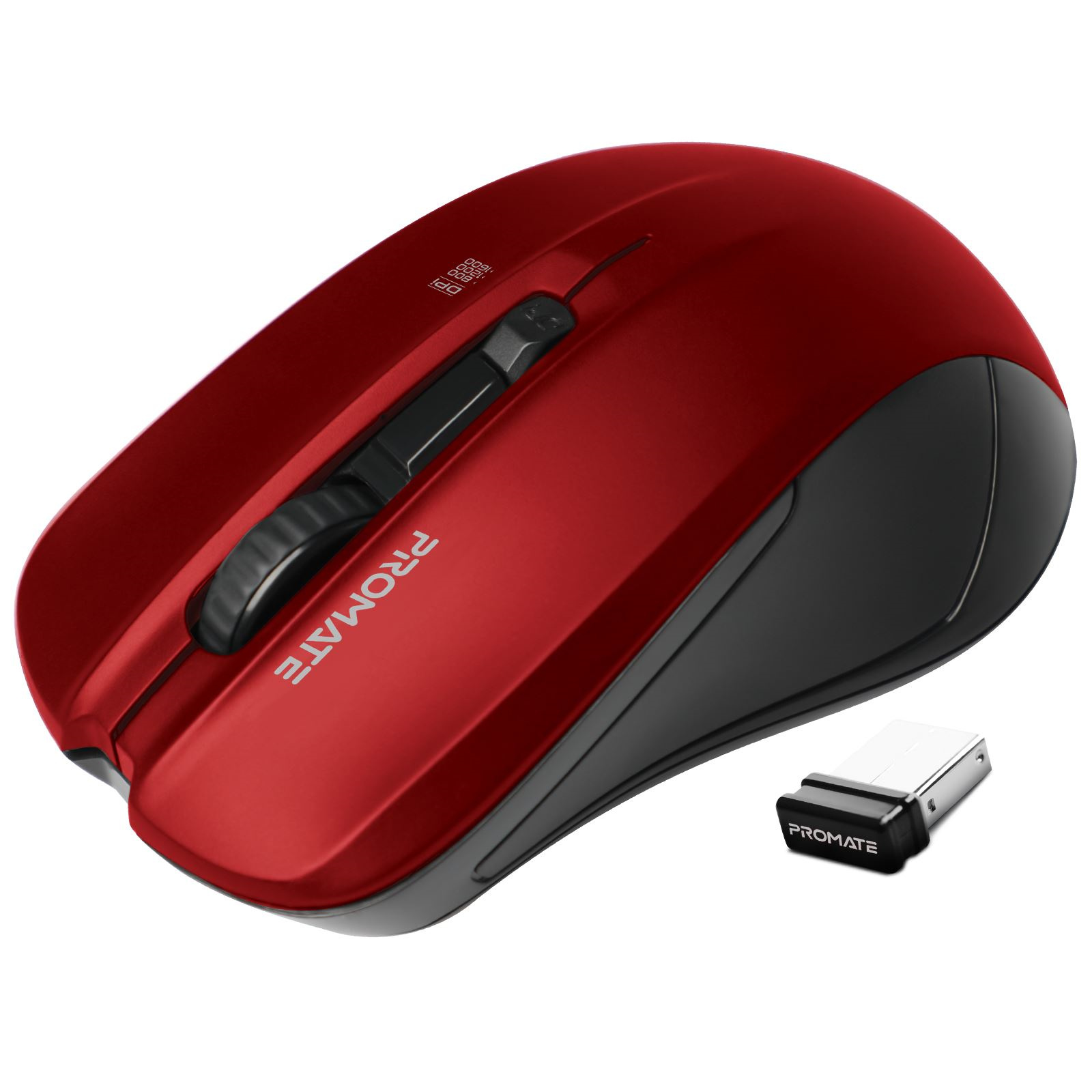 PROMATE Ergonomic Wireless Mouse    with Ambidextrous Design. 800/1200/1600Dpi, 10m Working Range, Incudes Nano Reciever, Easy Plug & Play, Compatible with Win & Mac. Red Colour.