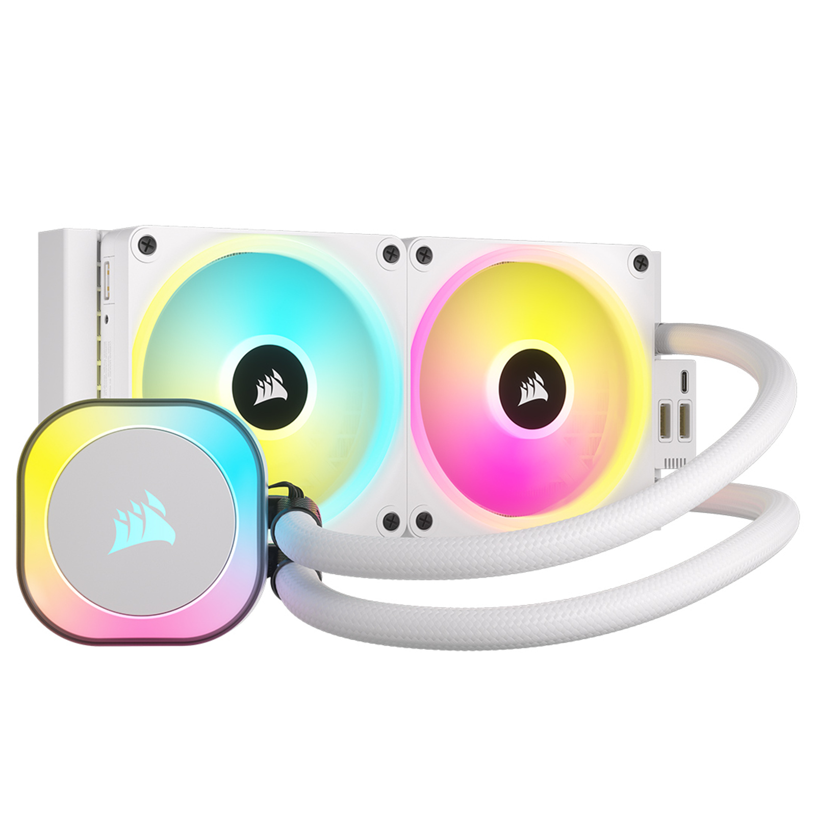 Corsair iCUE LINK H100i RGB 240mm AiO Water Cooling Kit QX RGB fans Split-flow copper cold plate with pre-applied CORSAIR XTM70 thermal paste Supports Intel Socket LGA 1700 / 1200 / 115X / 2011 / 2066 AMD AM5 / AM4