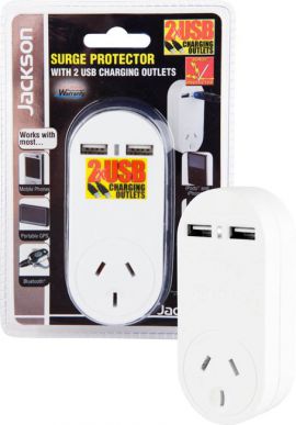 JACKSON Single Plug Surge protector /USB Wall Charger. 2x USB Charging Outlets 5VDC 1A  w/Power