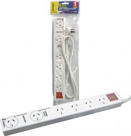 JACKSON 6 way Protected Power Board with 2 double spaced ports 1m power cord Surge & Overload