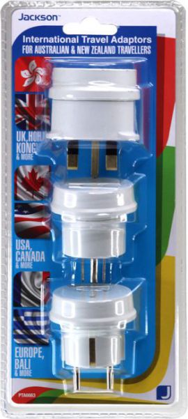 JACKSON Pack of 3 Travel Adapters NZ/AU Socket to US, UK, Europe Plug Suitable for over 150