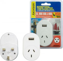JACKSON Outbound Travel Adaptor 1x USB Charging Port. Converts NZ/Aust Plugs for use in UK