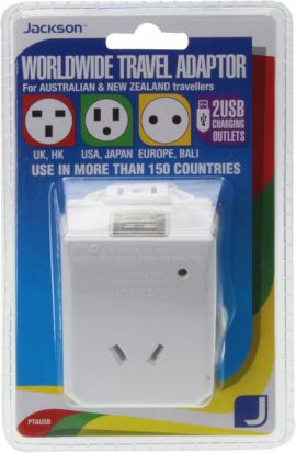 JACKSON Outbound Travel Adaptor. includes 2 x USB CHarging Ports. Converts NZ/Aust plugs for use