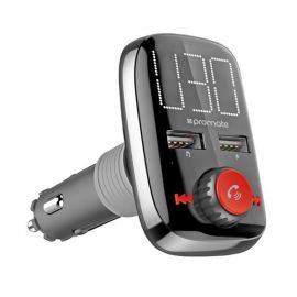 PROMATE Wireless In-Car FM          Transmitter with Dual USB Charging Ports. Easy Plug & Play Handsfree support. Playback via USB, SD Card & Bluetooth. Includes Remote control. Colour Black