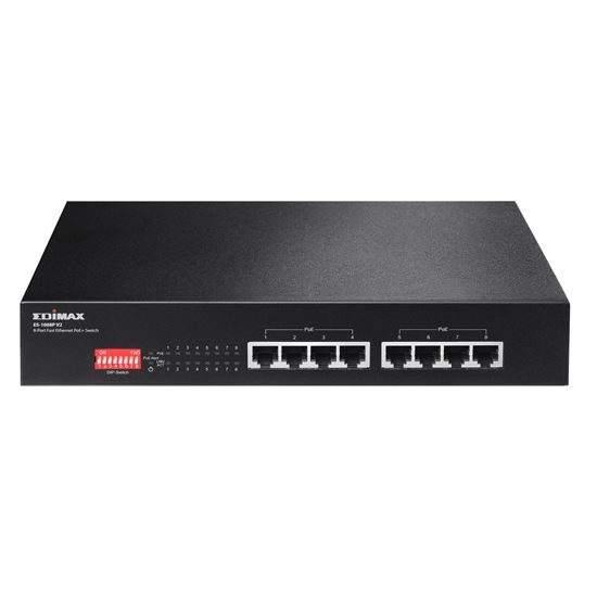 EDIMAX 8 Port 10/100 Fast Ethernet PoE+ Switch with DIP Switch. PoE delivery up to 200m. Power budget: 130W. Auto Energy Saving Functions. Plug and Play. VLAN & 