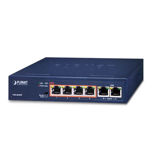 Planet FSD-604HP, 4-Port 10/100TX 802.3af/at PoE + 2-Port 10/100TX Desktop Switch (60 Watts)