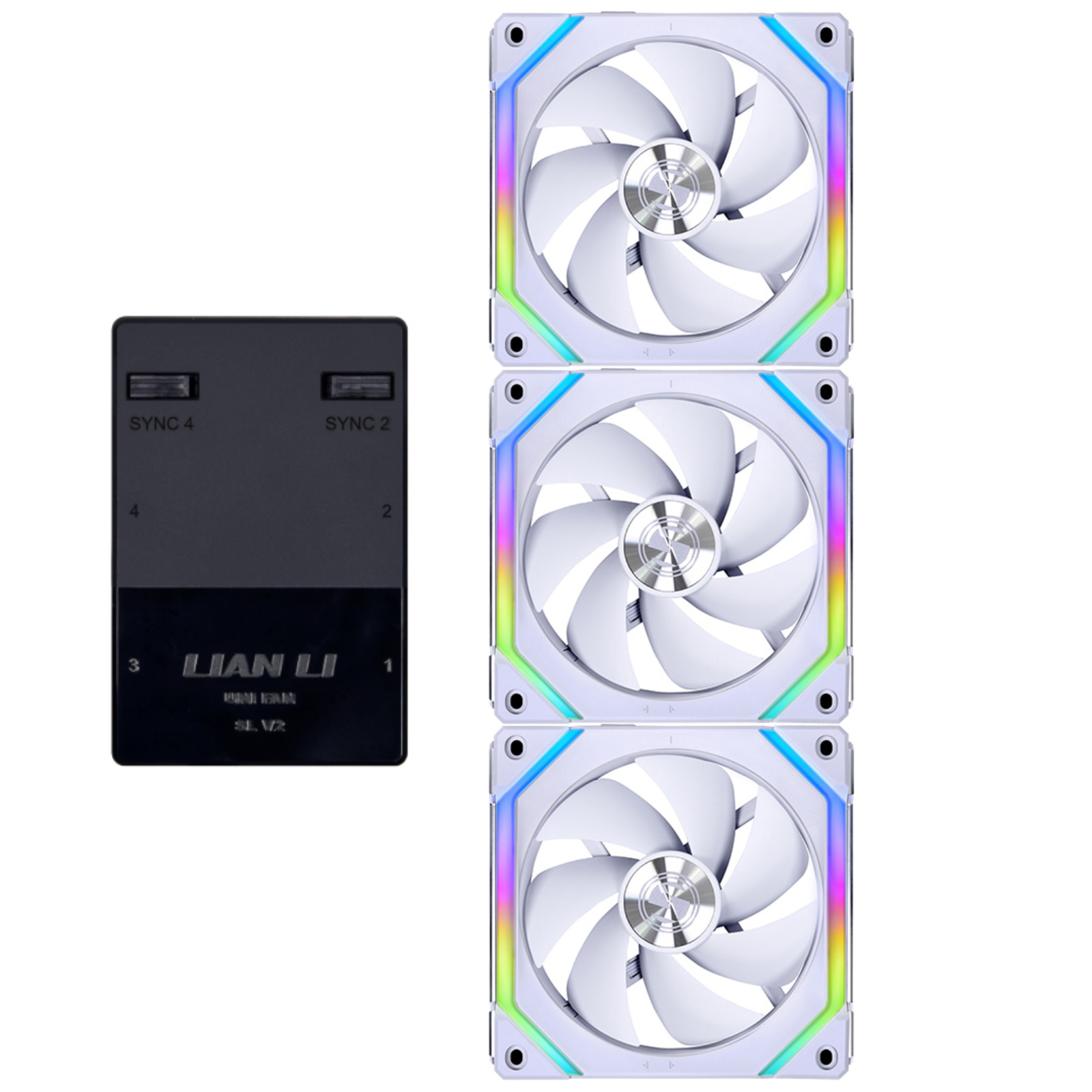 Lian Li UNI FAN SL120 V2 White Digital Addressable RGB 120 Fan with Controller 3 Pack