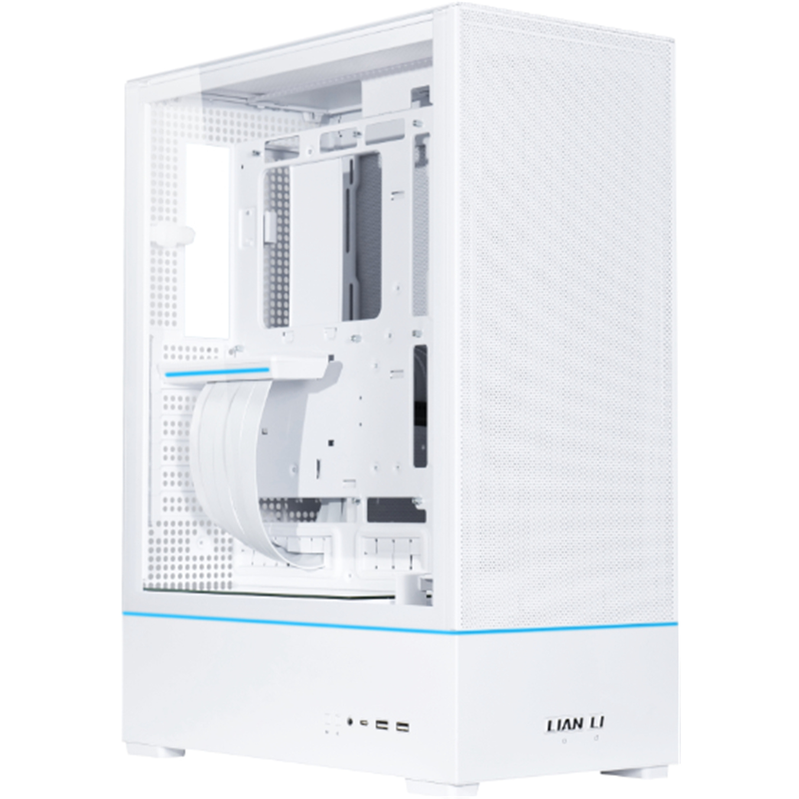 Lian Li SUP 01 White ATX MidTower Gaming Case Tempered Glass Pre-mounted PCIE 4.0 Riser cable for front-positioned GPU 360mm Radiator Supported 8x PCI Slots Front: 2x USB 1x Type-C HD Audio