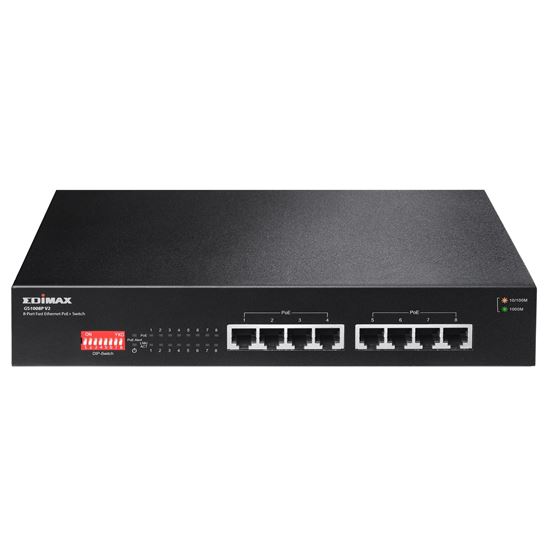 EDIMAX 8 Port 10/100/1000 Gigabit PoE+ Switch with DIP Switch. PoE delivery up to 200m. Power budget: 130W. Auto Energy Saving. Functions. Plug and Play.  VLAN and Loop Protection. VLAN & QoS.