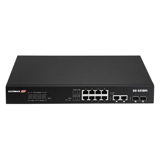 EDIMAX 12-Port Surveillance Long    Range Gigabit PoE+ Web Smart Switch with 2 Gigabit RJ45 & 2 SFP Ports. Max Power Budget 110W. Supports PoE up to 200m. IEEE 802.3af/at PoE Compliant. IP Surveillance VLAN