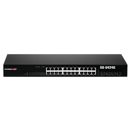 EDIMAX 24 Port Gigabit Long Range Web Smart Rack-mount Switch. With 4 SFP. Extended data delivery distance of up to 200m. Voice VLAN. DHCP Snooping. Array architecture. 