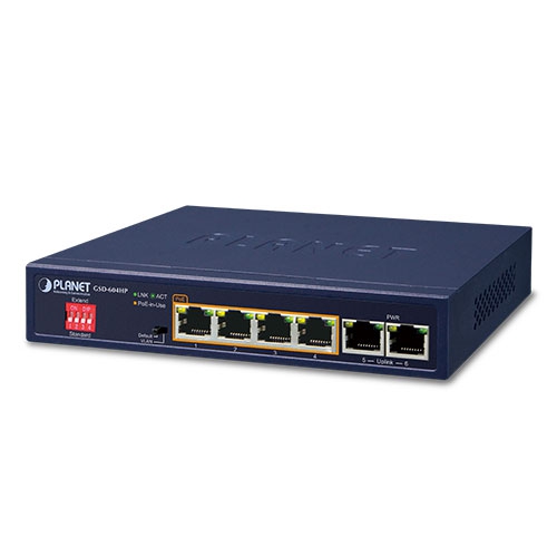 Planet GSD-604HP, 4-Port 10/100/1000T 802.3at POE + 2-Port 10/100/1000T Desktop Switch (55W POE Budget, External Power Supply)