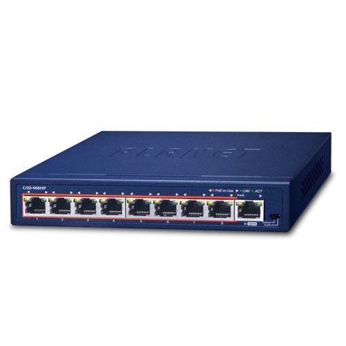 Planet GSD-908HP, 8-Port 10/100/1000 Gigabit 802.3at POE Ethernet Switch plus 1-Port Gigabit Ethernet Switch (100W POE Budget with External Power Supply)