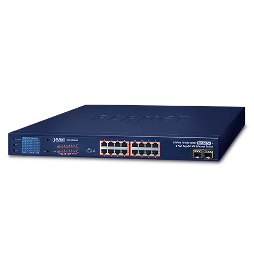 Planet GSW-1820VHP, 16-Port 10/100/1000T 802.3at PoE + 2-Port 1000SX SFP Gigabit Switch with LCD PoE Monitor (300W PoE Budget, Standard/VLAN/Extend mode)