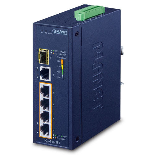 Planet IGS-614HPT Industrial 4-Port 10/100/1000T 802.3at PoE + 1-Port 10/100/1000T + 1-Port 100/1000X SFP Gigabit Ethernet Switch