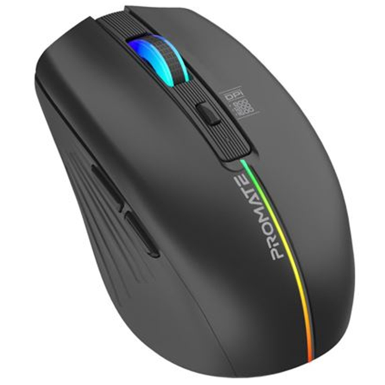 Promate KITT.BLK Ergonomic Wireless Optical Mouse with LED Rainbow Lights & 500mAh - Rechargable Battery - 10mRange - Plug & Play - Supports 800/1200/1600 DPI High Precision - Amidextrous Design - Black Colour