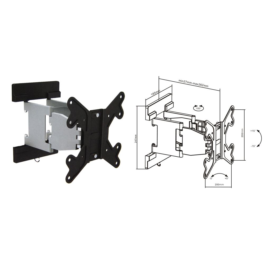 BRATECK 23''-42'' Articulating monitor wall mount bracket. Max load: 30kg. Supports VESA 100x100, 200x100, 200x200. Tilt and swivel. Colour: Silver arm / black plate.