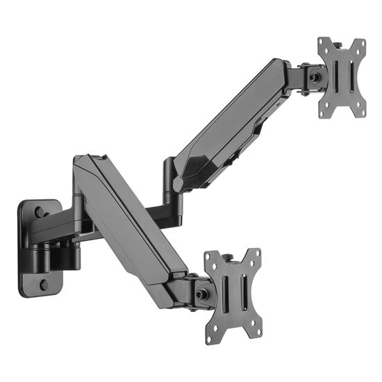 BRATECK 17''-32'' Dual Screen Wall Mounted Gas Spring Monitor Arms. Max load: 9kgs (per arm). VESA 75x75 & 100x100. Extend, tilt and swivel. Detachable VESA Plate. Max Arm Extn - 422mm. Matte Black Color