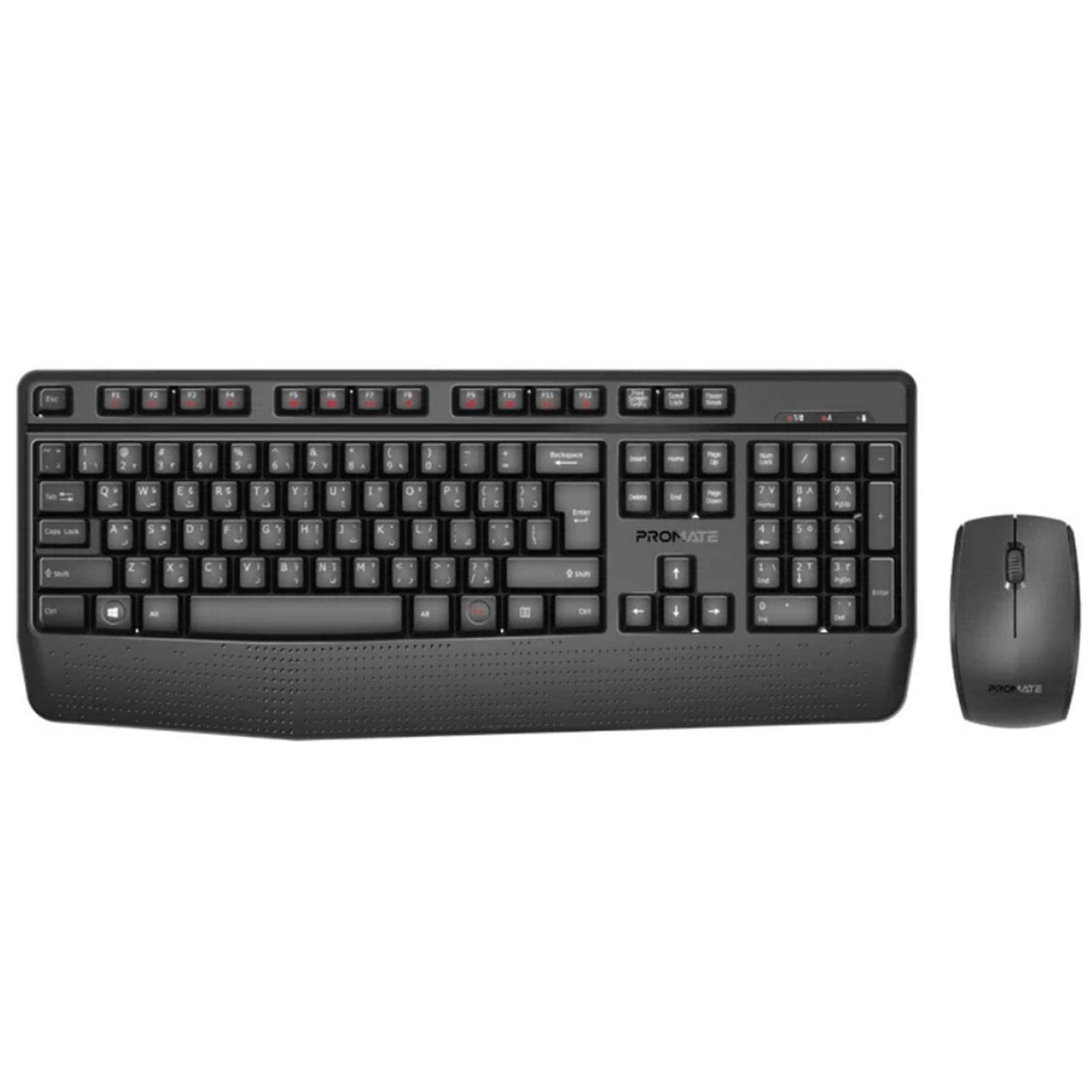 Promate Ergonomic Wireless Multimedia Keyboard & Mouse Combo - Black Ergonomic Ambidextrous Mouse - 1200dpi - Angled Kickstand - Wireless 10m Range - Smart Nano Reciever - Built-in Palm Rest