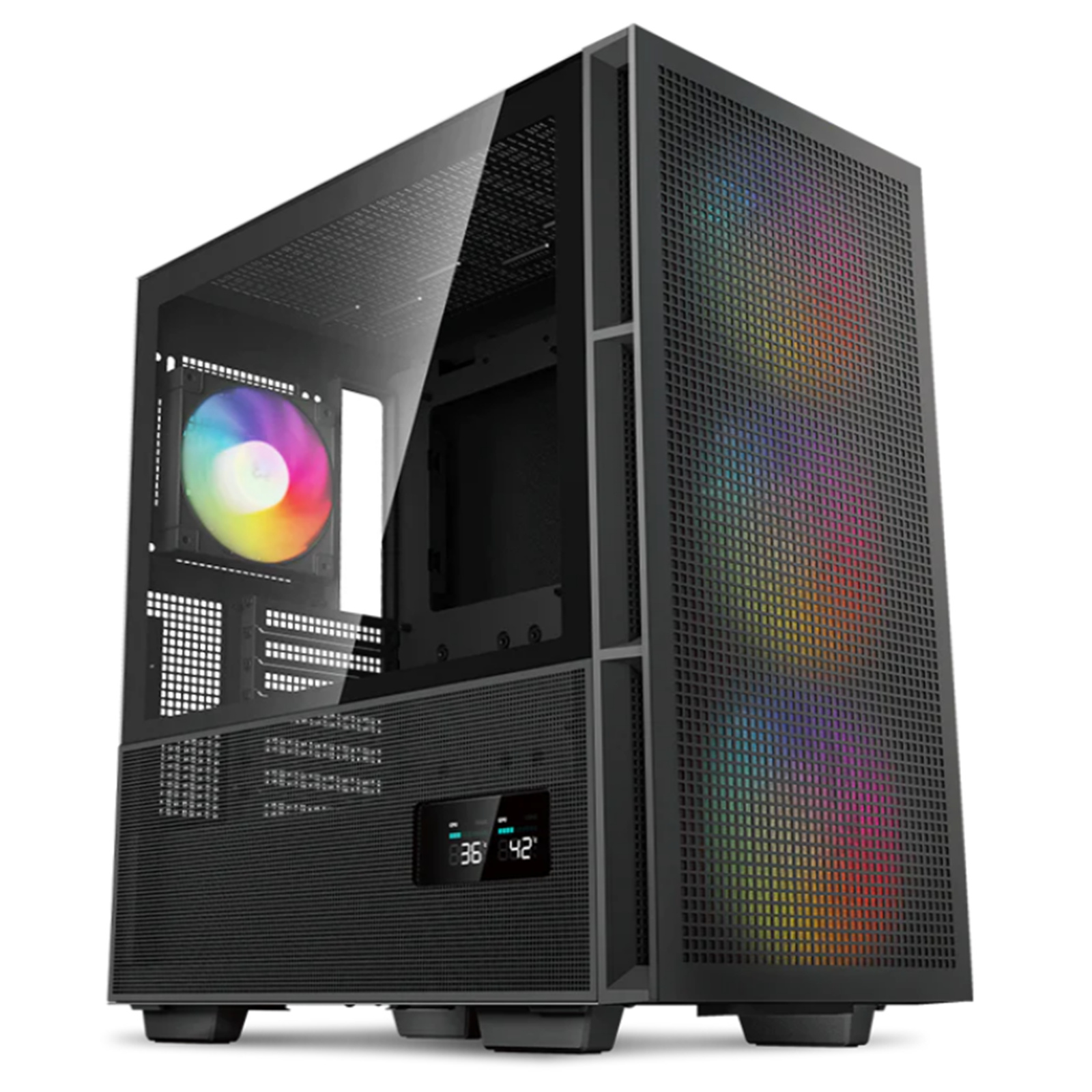 DEEPCOOL CH560 Digital Black ATX Mid Tower Case Tempered Glass Side Digital Pannel 3x 140mm ARGB Fan and 1x 120mm ARGB Fan Pre-installed CPU Cooler Support Upto 175mm GPU Support Upto 380mm 7x PCI Slot 360mm Radiator Supported Front I/O: 1X x USB 1x Type 