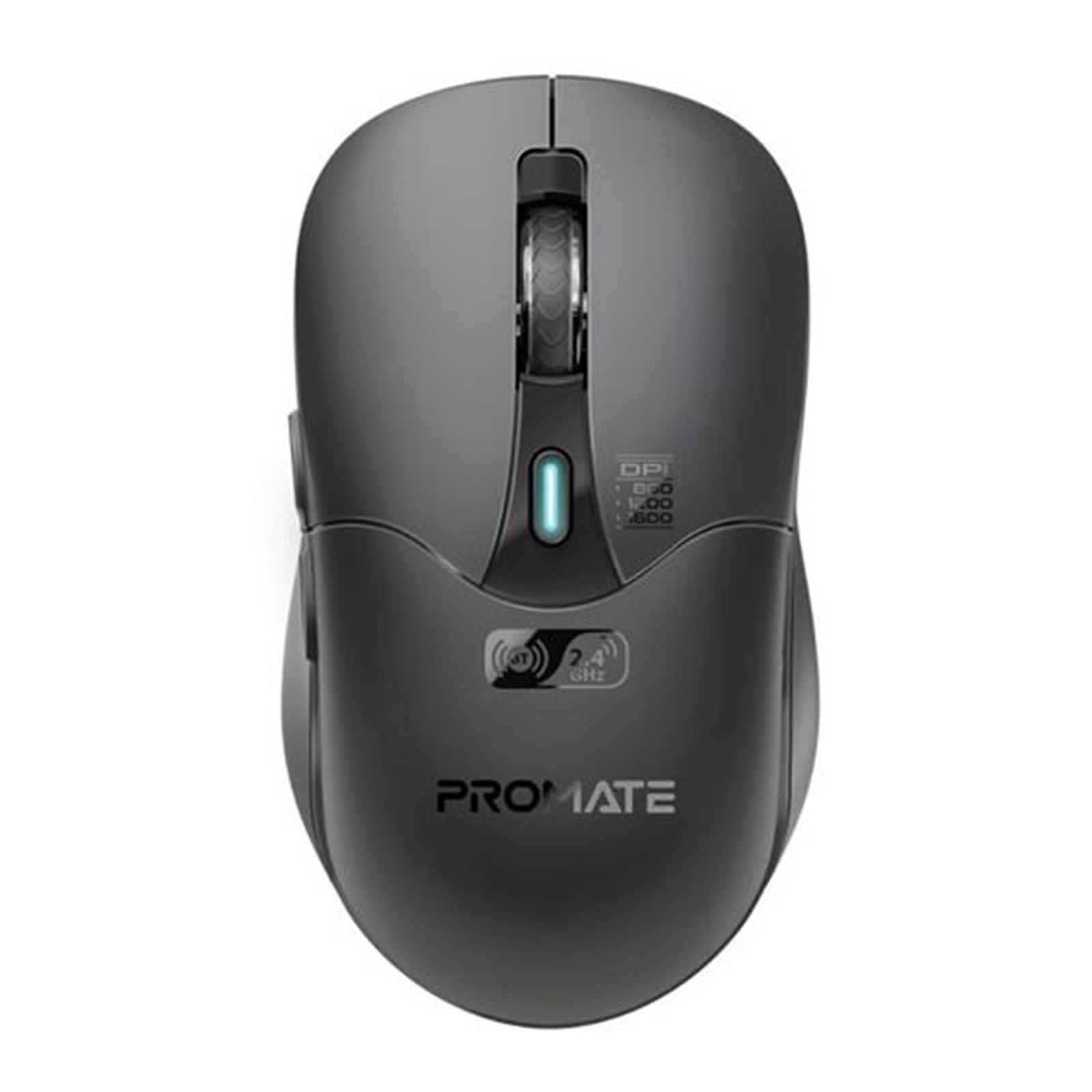 Promate Rechargeable Wireless Mouse with BT & RF Connectivity - Black 800/1200/1600Dpi - Built-in 500mAh Battery - Range Up to 10m - 50cm Charging Cable - USB-C Port - 6x Fully Fuctional Buttons