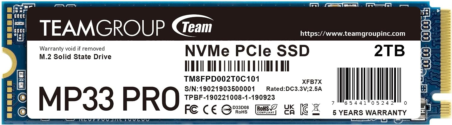 TEAMGROUP MP33 PRO M.2 2280 2TB PCIe 3.0 x4 with NVMe 1.3 3D NAND SSD  R/W 2400/2100 MB/s