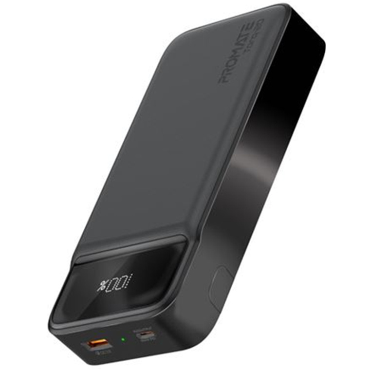 Promate TORQ-20.BLK 20000mAh Super-Slim Power Bank - Black Smart LED Display - 1x USB-A & 1x USB-C Charging Ports - 1x USB-C Input Port - Auto-Voltage Regulation - Includes Built-in Kick Stand